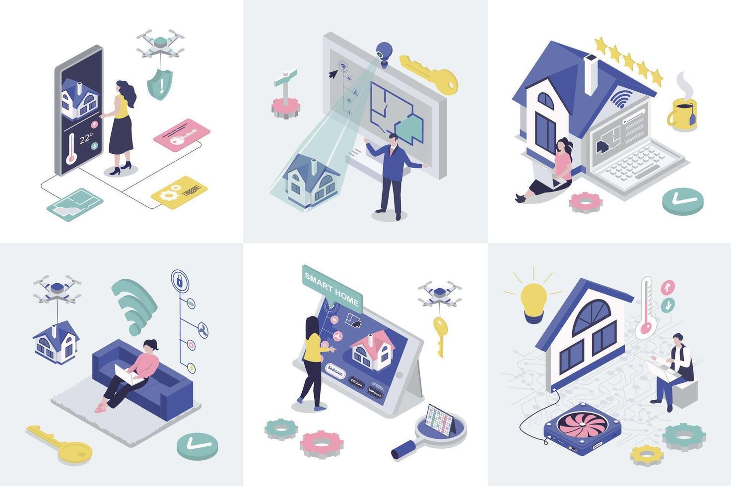 Smart home 3d isometry concept for web design. Collection set with isometric people monitoring surveillance security system, wireless connection with different sensors in house. illustration. vector