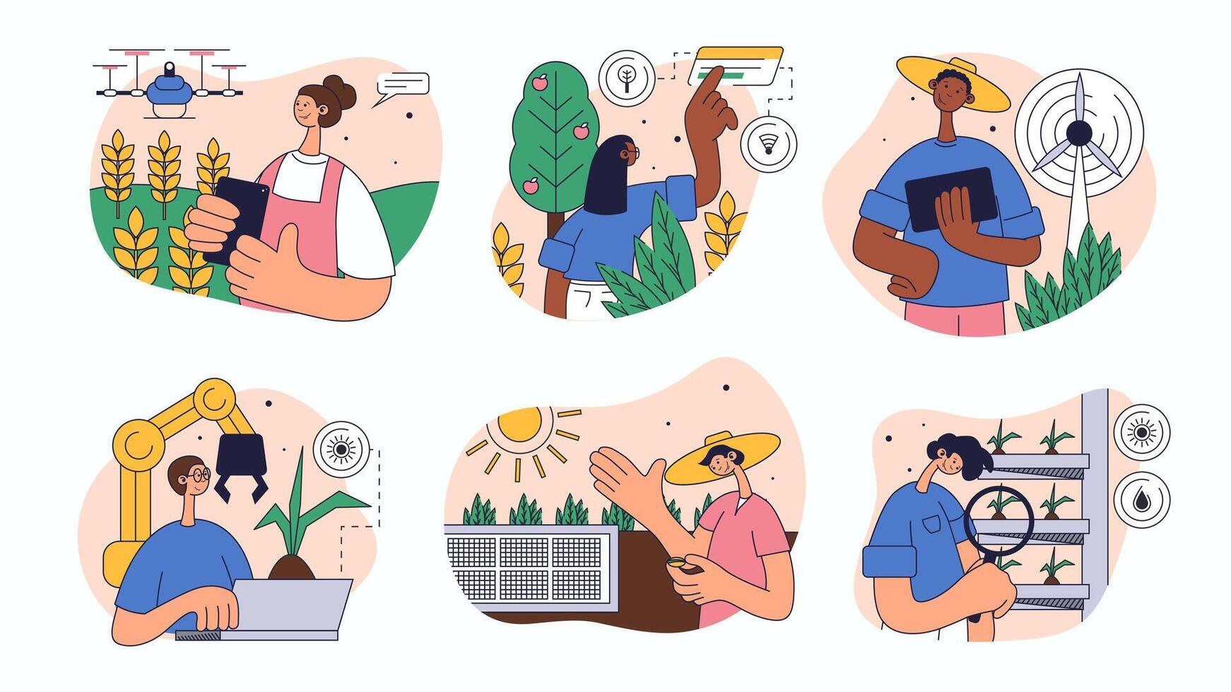 Smart farming concept set for web design. Collection with people monitoring fields by drone, robotic arms work, greenhouse cultivation, more. Flat illustration isolated on white background. vector