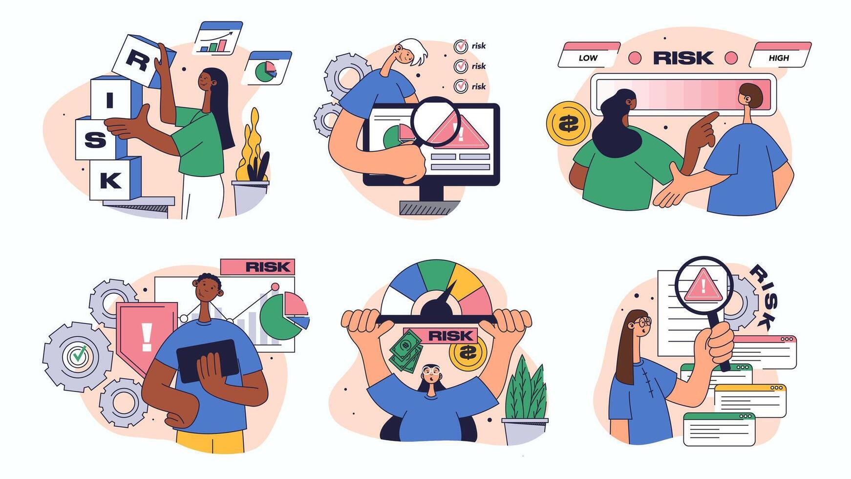 Risk management concept set for web design. Collection with people analyzing meter data, solving problems, control performance indicators, more. Flat illustration isolated on white background. vector