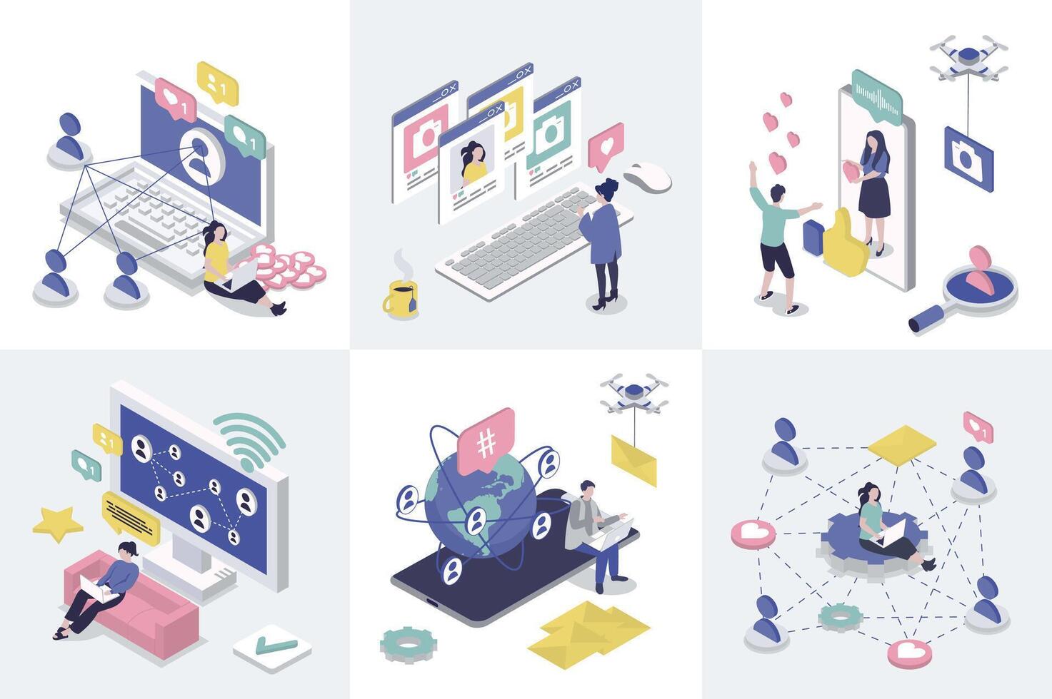 Social network 3d isometry concept for web design. Collection set with isometric people connecting and communicating online, chat with friends, commenting posts, likes and shares. illustration. vector
