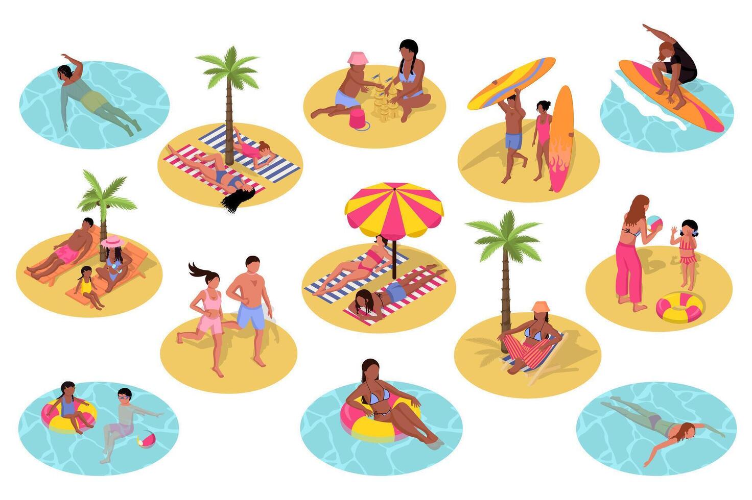 Summer beach 3d isometric set. Collection isolated flat elements of swimming in sea, children playing in sand, surfing, surfboard, woman and man relax at resort, sunbathing, more. illustration. vector