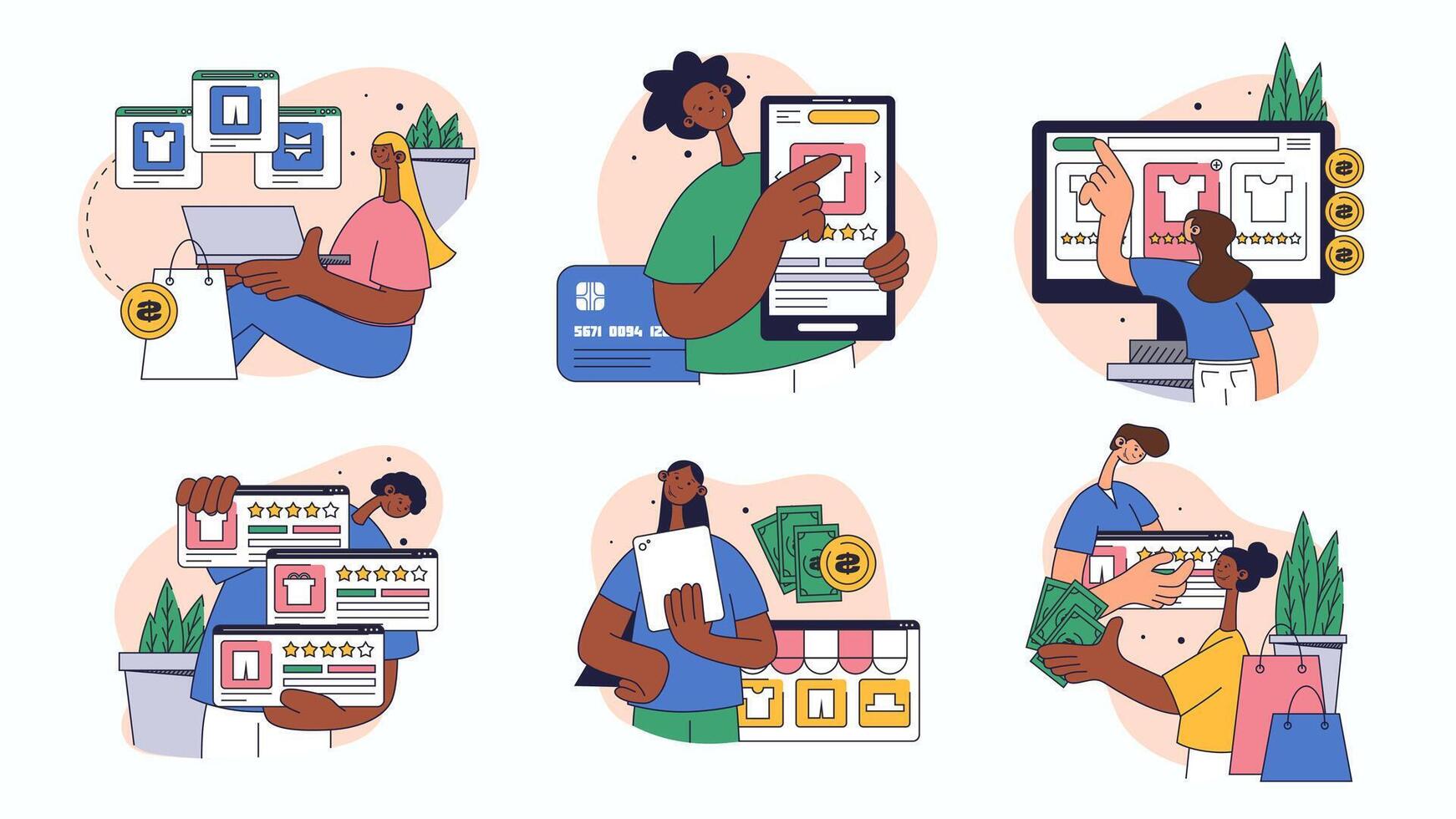 People shopping online and reviewing products vector
