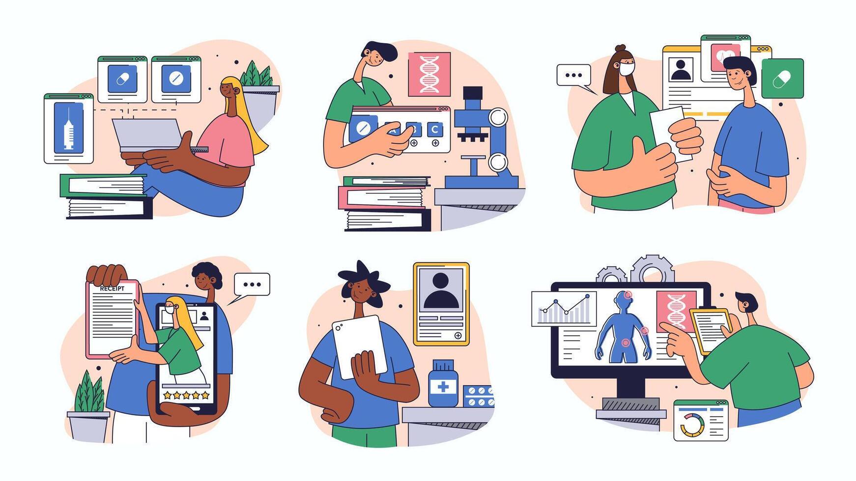 Medical technology concept set for web design. Collection with people ordering in online pharmacy, doctor consultation, patient therapy, more. Flat illustration isolated on white background. vector