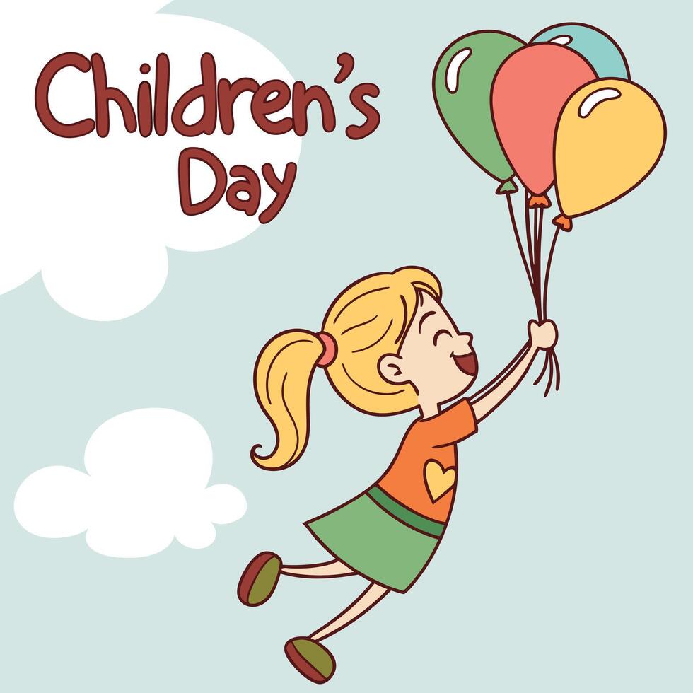 Joyful Cartoon Girl Jumping with Balloons for Childrens Day Celebration vector