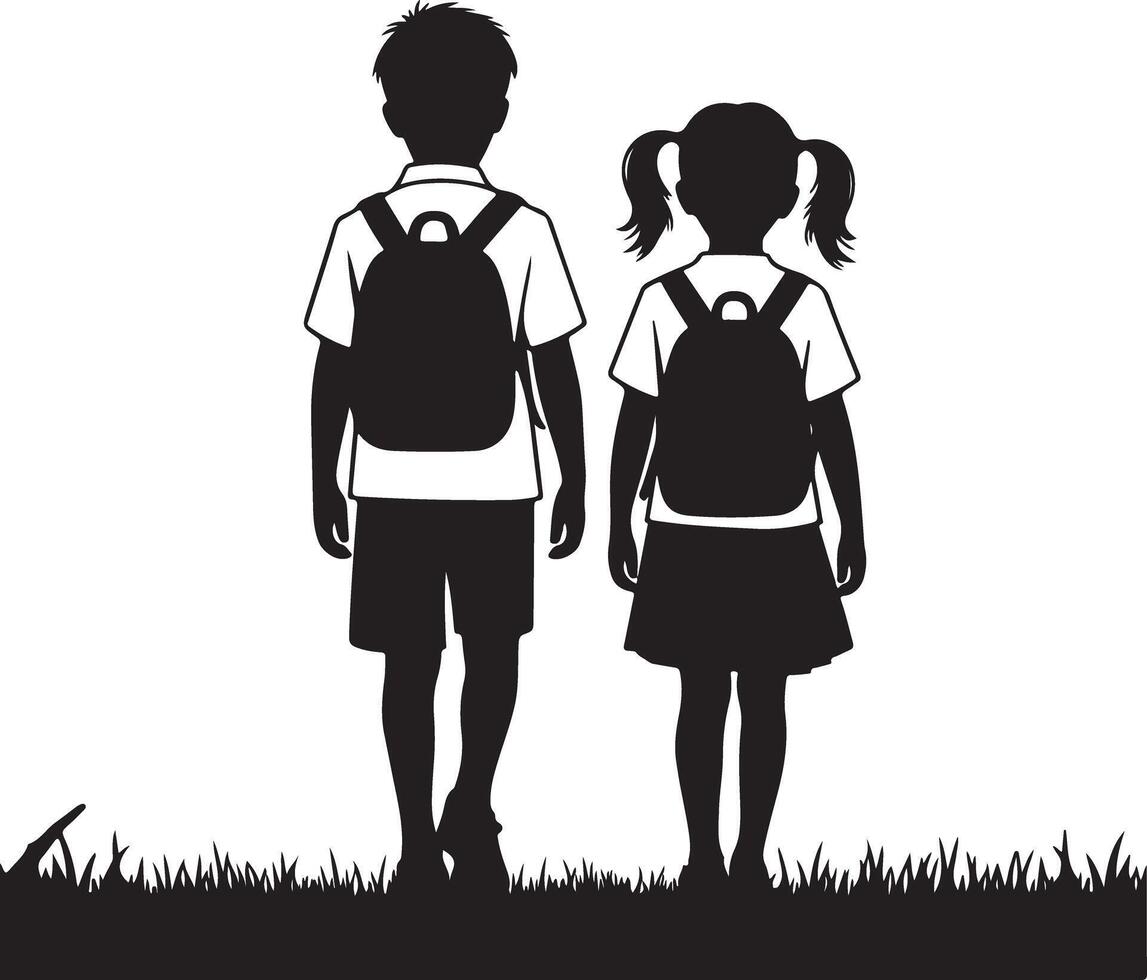 Silhouette of School Children Walking with Backpacks vector