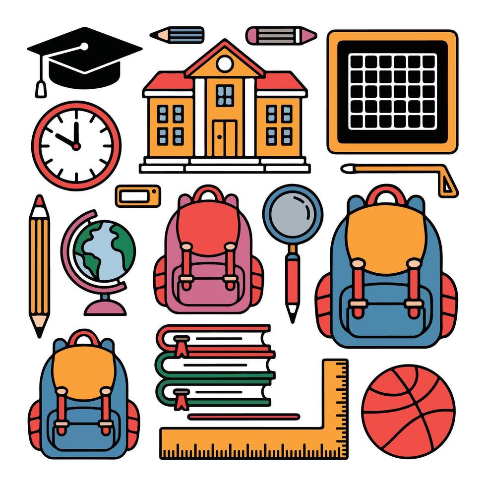 Classroom Essentials Clipart Including Books and Clock vector