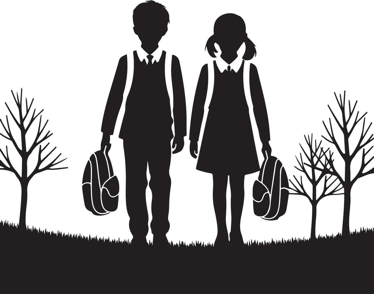 Boy and Girl Silhouette School Walking Scene Art vector