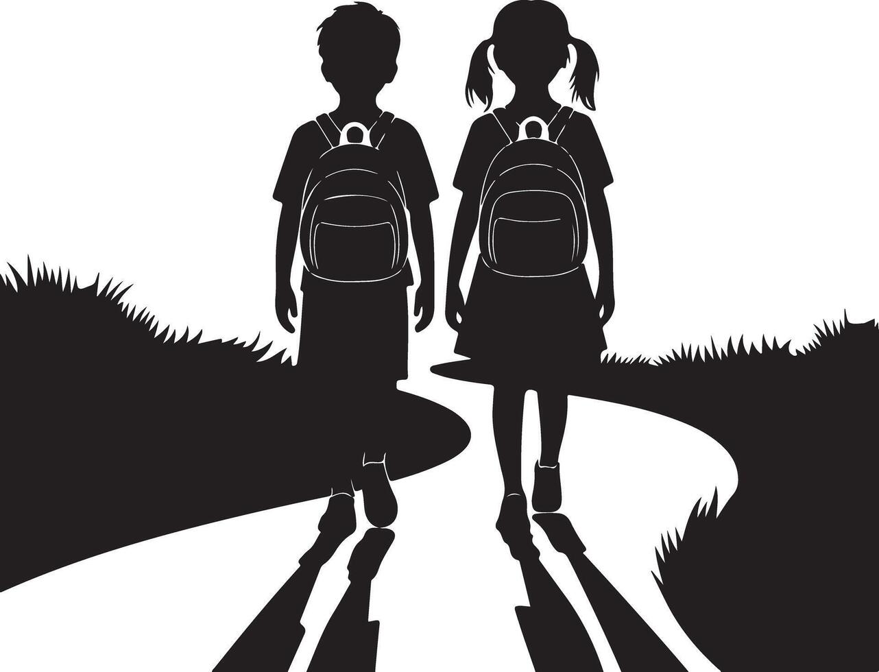 Black Silhouette Art of Children Walking to School vector