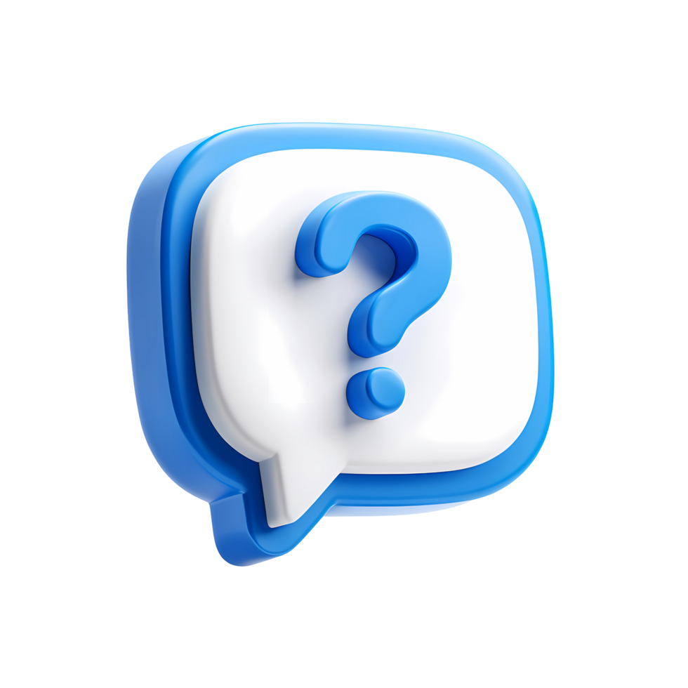 Blue question mark in speech bubble 3D render on transparent background png