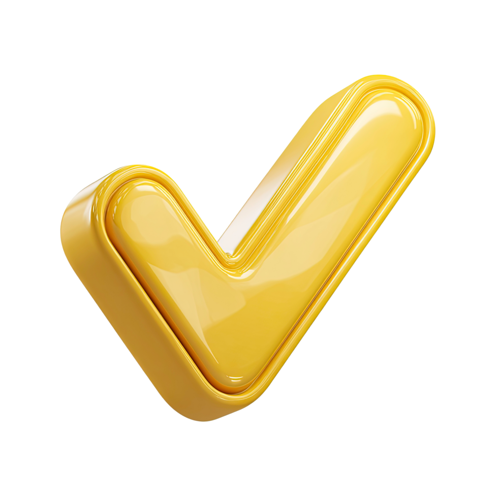 Shiny golden check mark icon 3D render illustration on transparent background png
