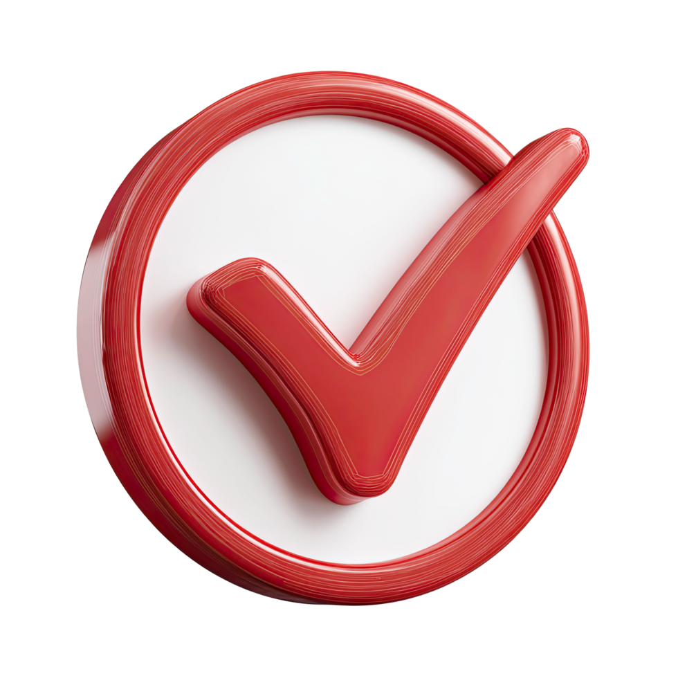 Red check mark in circle 3D render approval icon on transparent background png