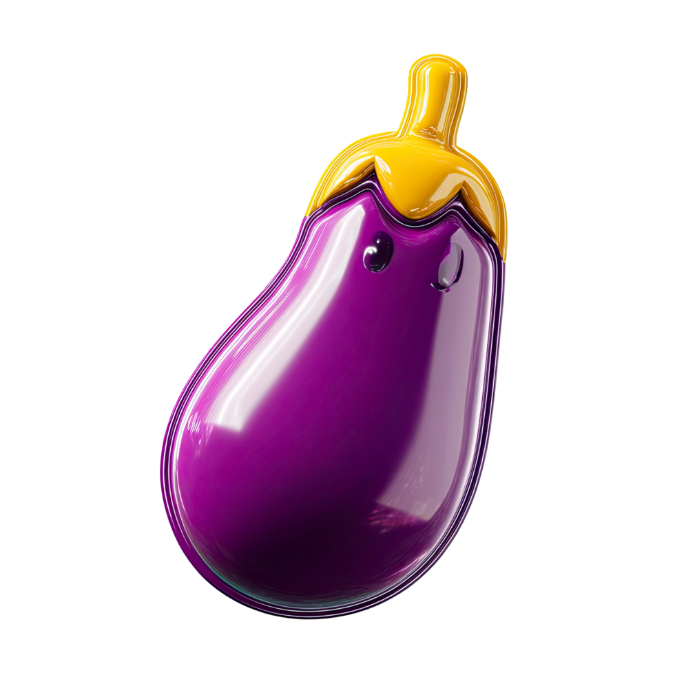 Glossy Purple Eggplant with Yellow Stem on Transparent Background glossy stylized png