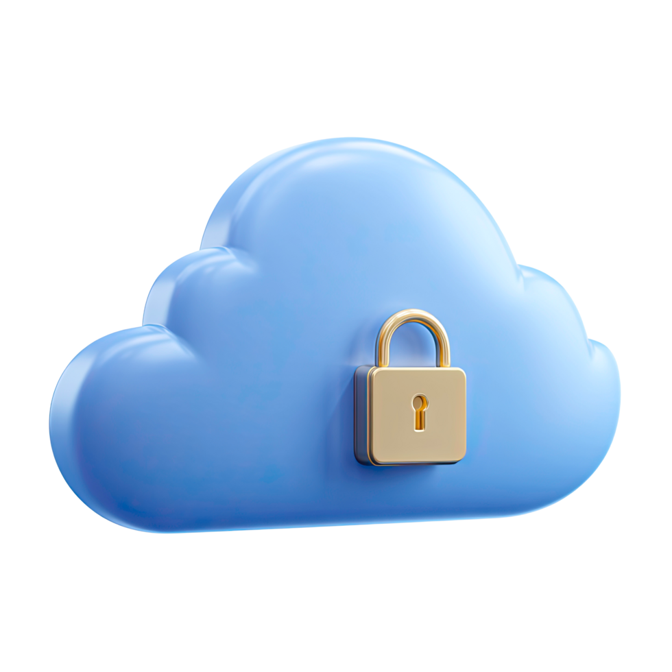 Blue cloud with golden padlock for secure data storage on transparent background png