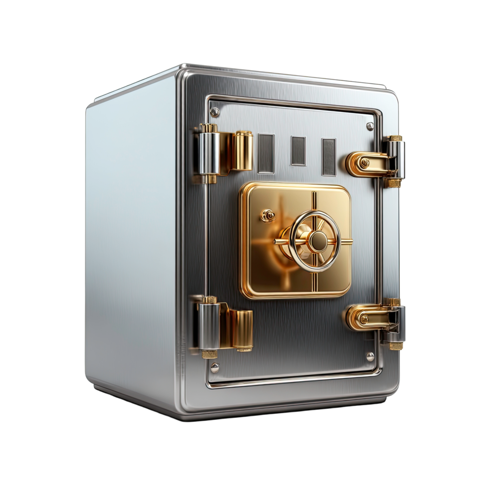Shiny Silver and Gold Safe with Combination Lock on White Background png