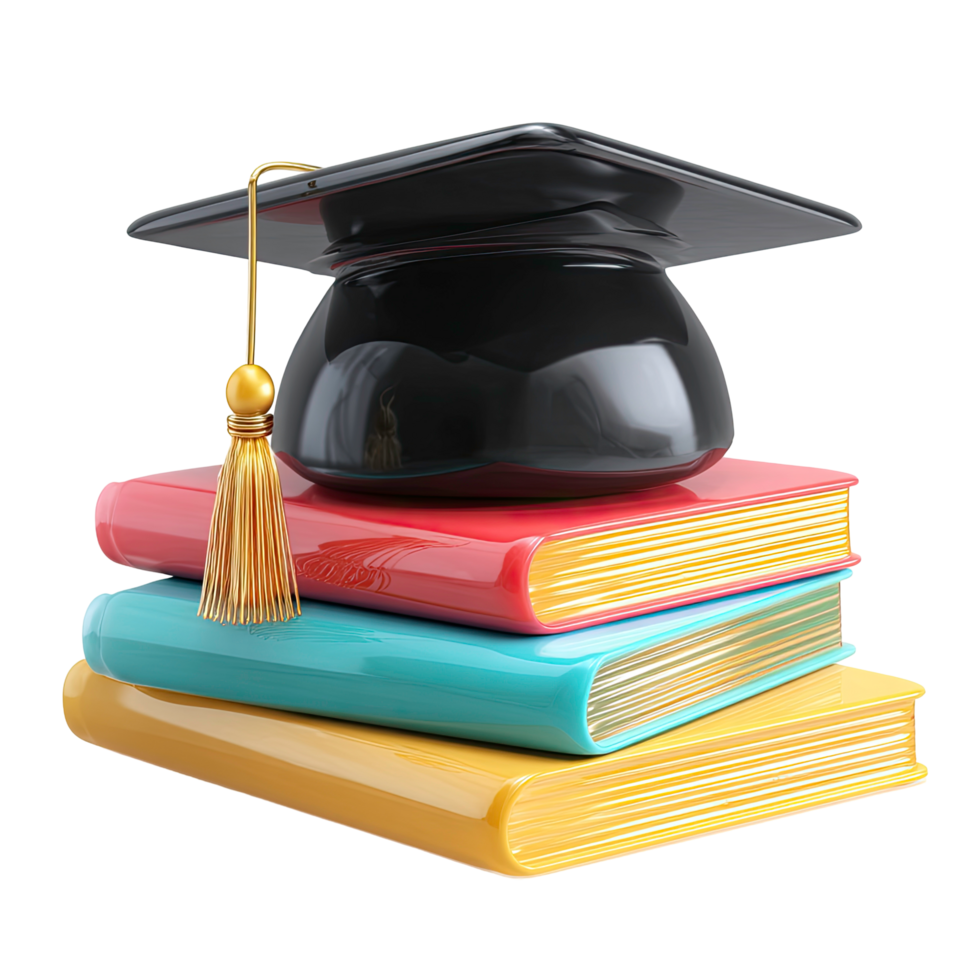 Graduation Cap and Tassel on Stack of Books on Transparent Background png