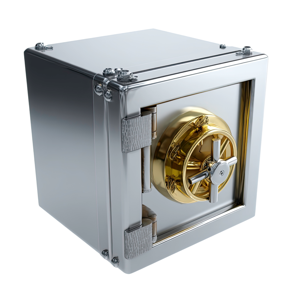 Shiny Silver Safe Box with Golden Dial and Handle Security Concept png