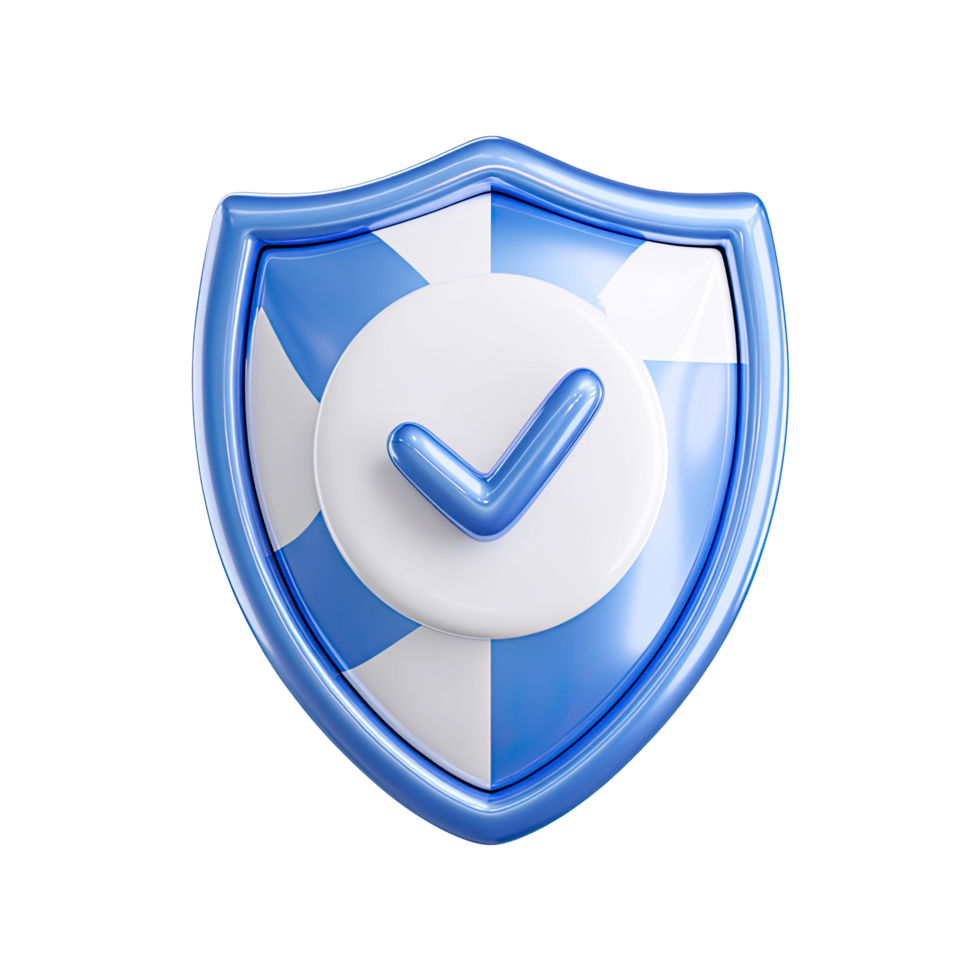 Blue and White Shield with Check Mark on Transparent Background glossy png