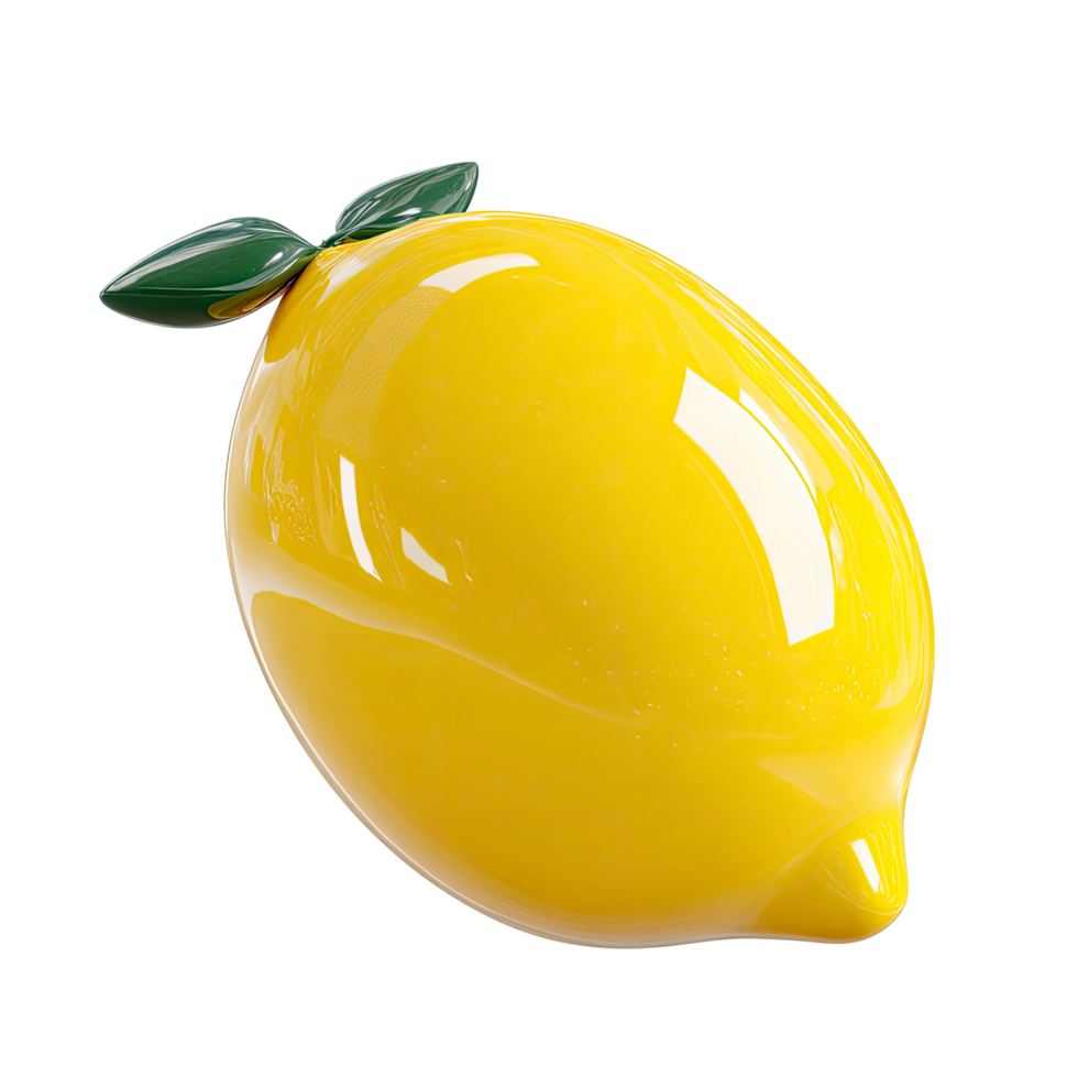 Shiny Yellow Lemon with Green Leaves Isolated on Transparent Background glossy png