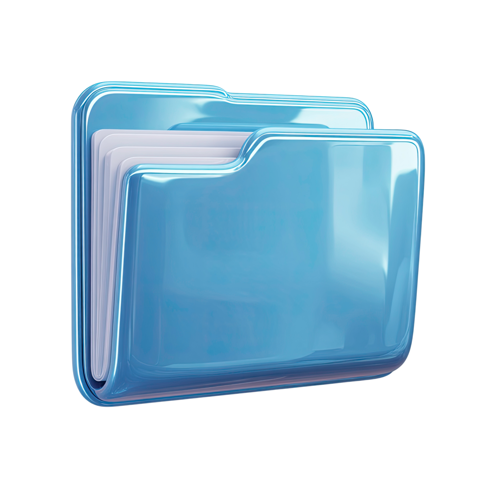Glossy Blue Folder Icon with White Papers on Transparent Background shiny png