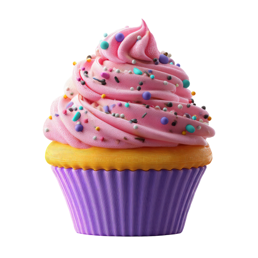 A vibrant cupcake with pink frosting and colorful sprinkles. Features a transparent background, perfect for easy integration into designs. png