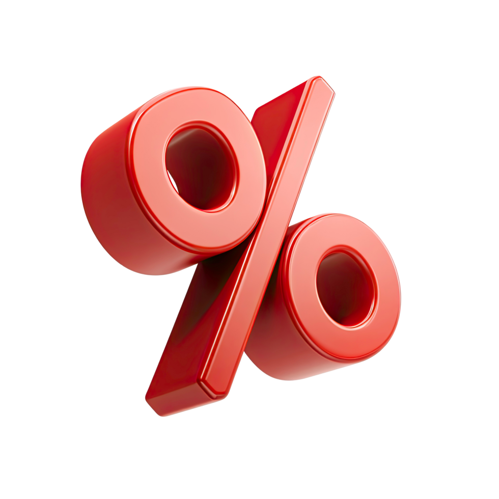 Red percentage symbol glossy 3D render on transparent background glossy png