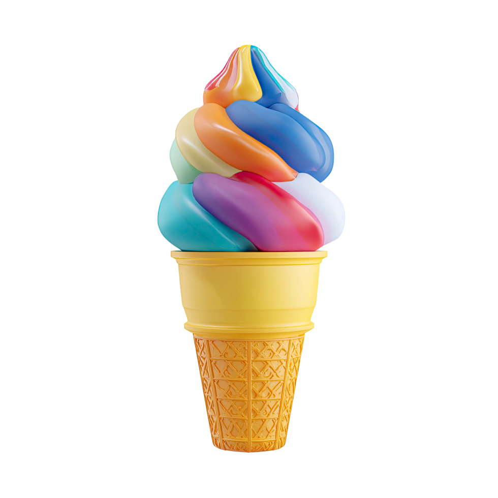 Colorful Swirl Ice Cream Cone Isolated on Transparent Background vibrant rainbow colored png