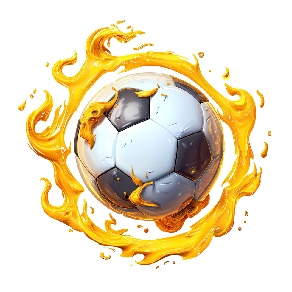 Soccer ball surrounded by golden liquid swirls on transparent background soccer png