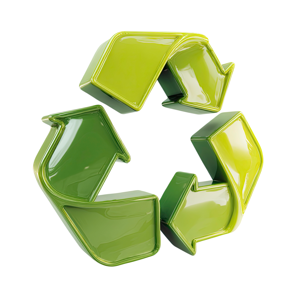 Glossy Green Recycle Symbol with Arrows on Transparent Background png