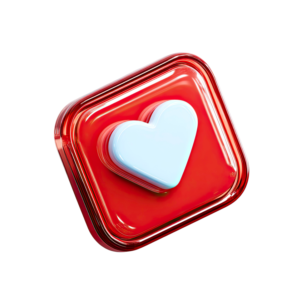 Red square with a white heart icon on transparent background glossy png