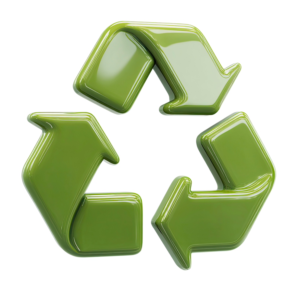 Shiny Green Recycling Symbol with Arrows on Transparent Background glossy green png