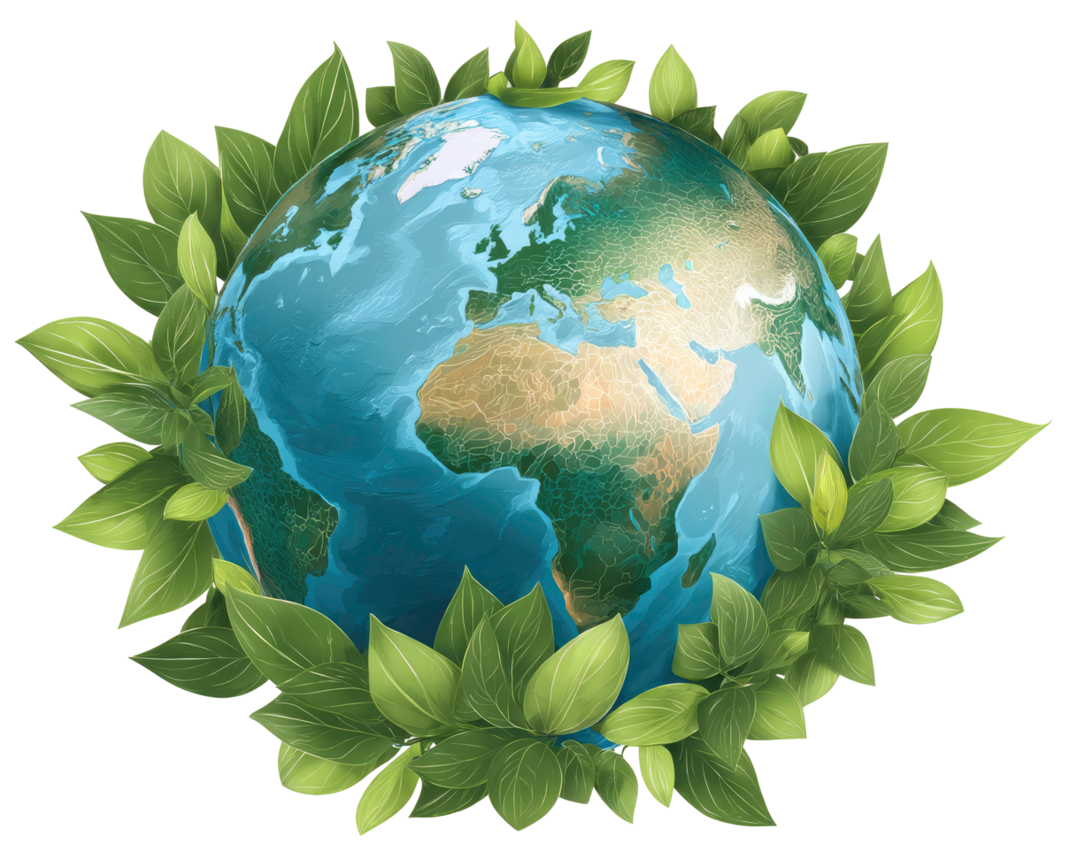 Earth surrounded by green leaves environmental concept on transparent background Illustration png