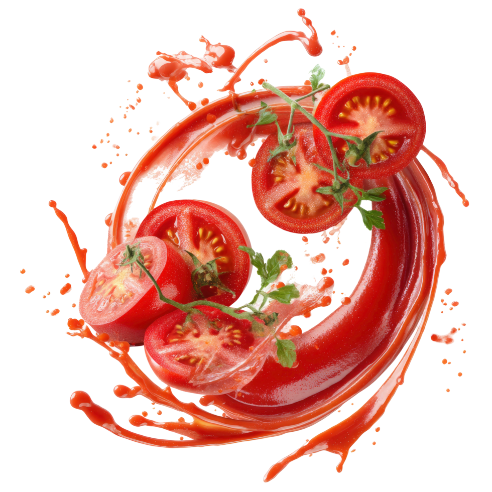 Tomato slices with sauce swirl and herbs on transparent background Fresh png