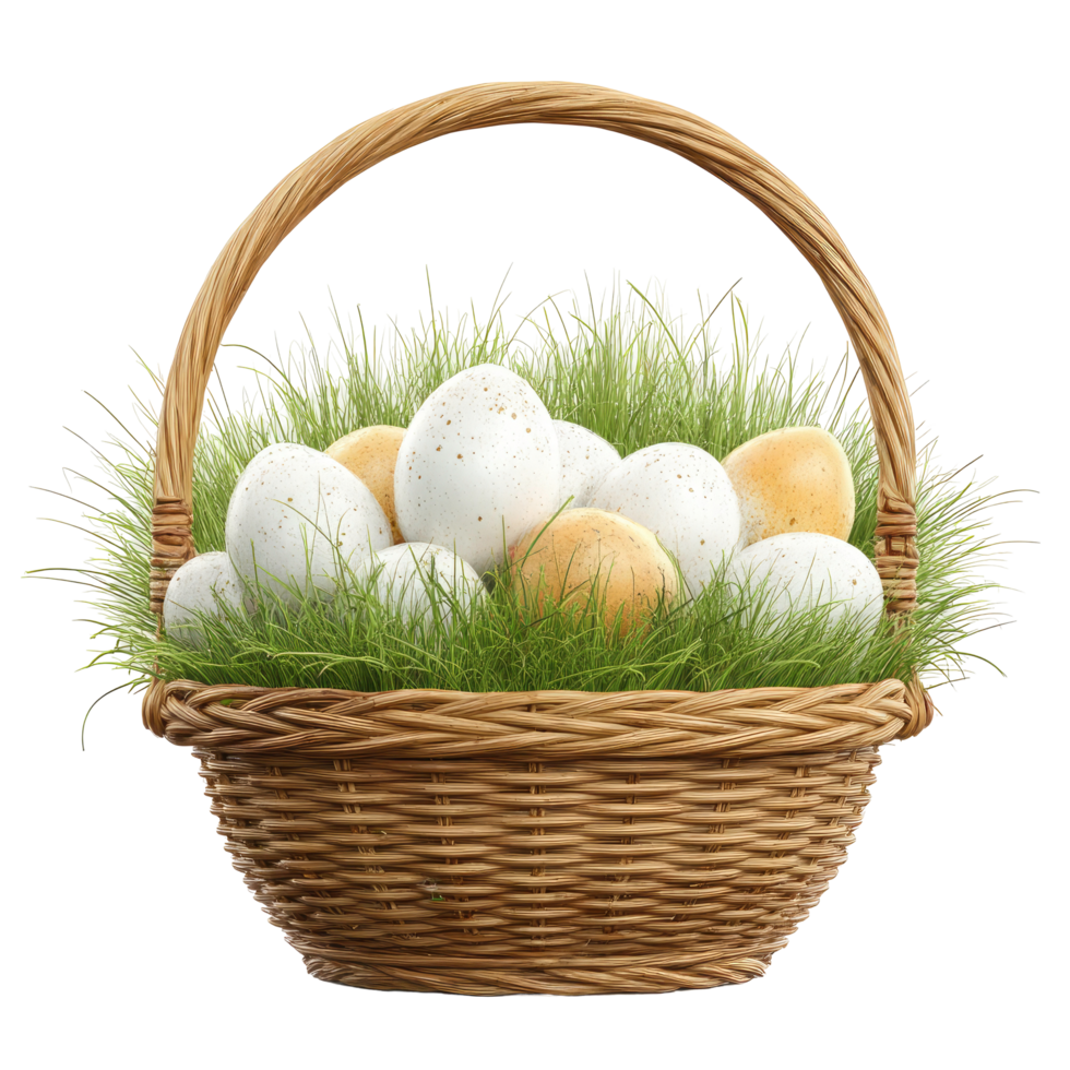 Easter basket filled with eggs and grass on transparent background Wicker png