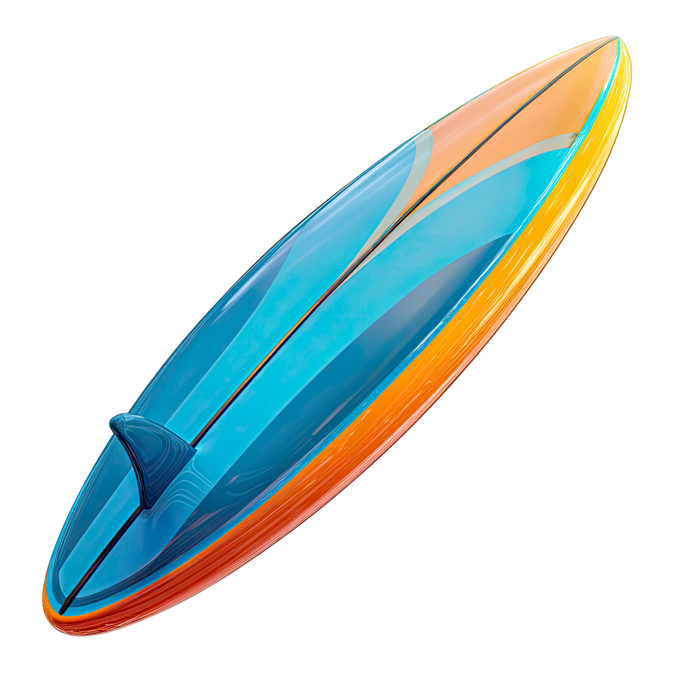 Stylish orange and blue surfboard with fin on transparent background vibrant png