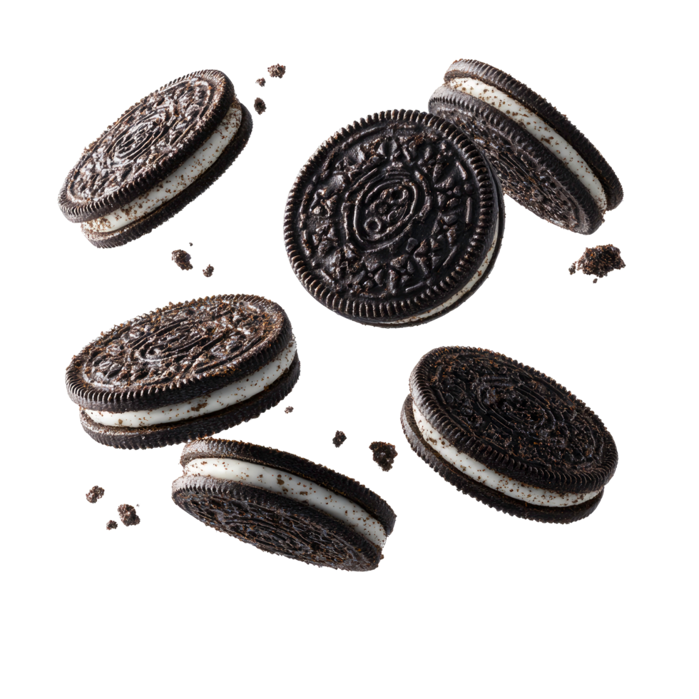Floating Chocolate Sandwich Cookies with Cream Filling on Transparent Background Delicious png