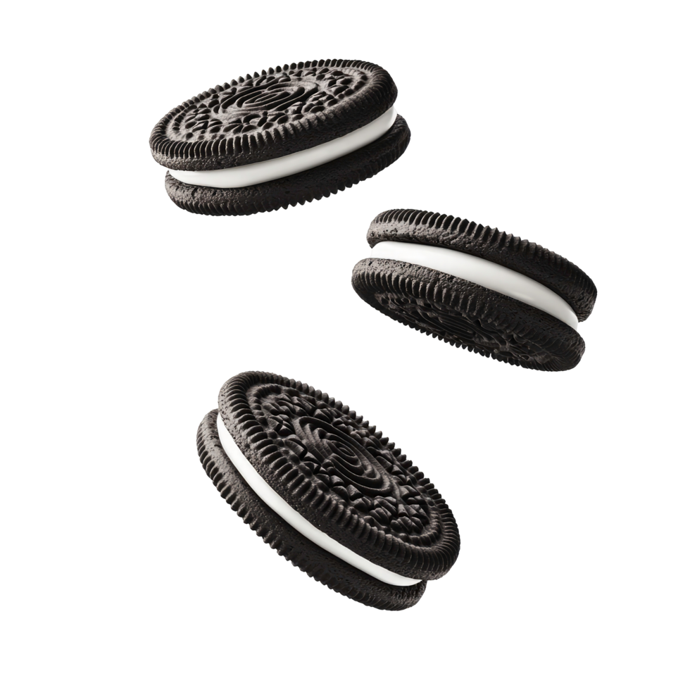 Three chocolate sandwich cookies floating with white cream on transparent background png