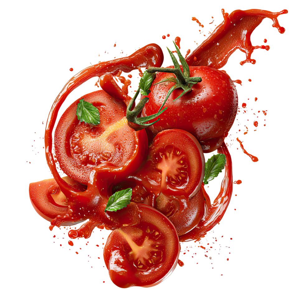 Fresh Tomatoes with Sauce and Mint Leaves on Transparent Background vibrant png