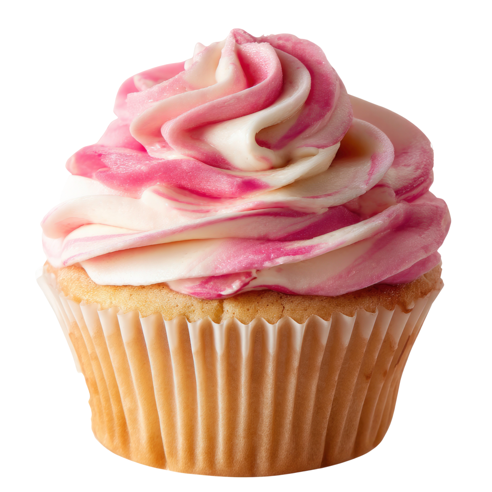 Delicious pink and white frosted cupcake close up on transparent background png
