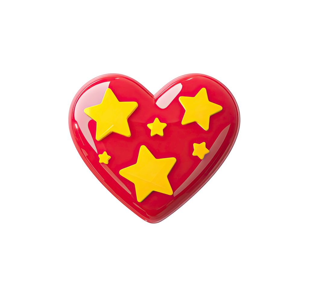 Red Heart with Yellow Stars 3D Render on Transparent Background glossy png
