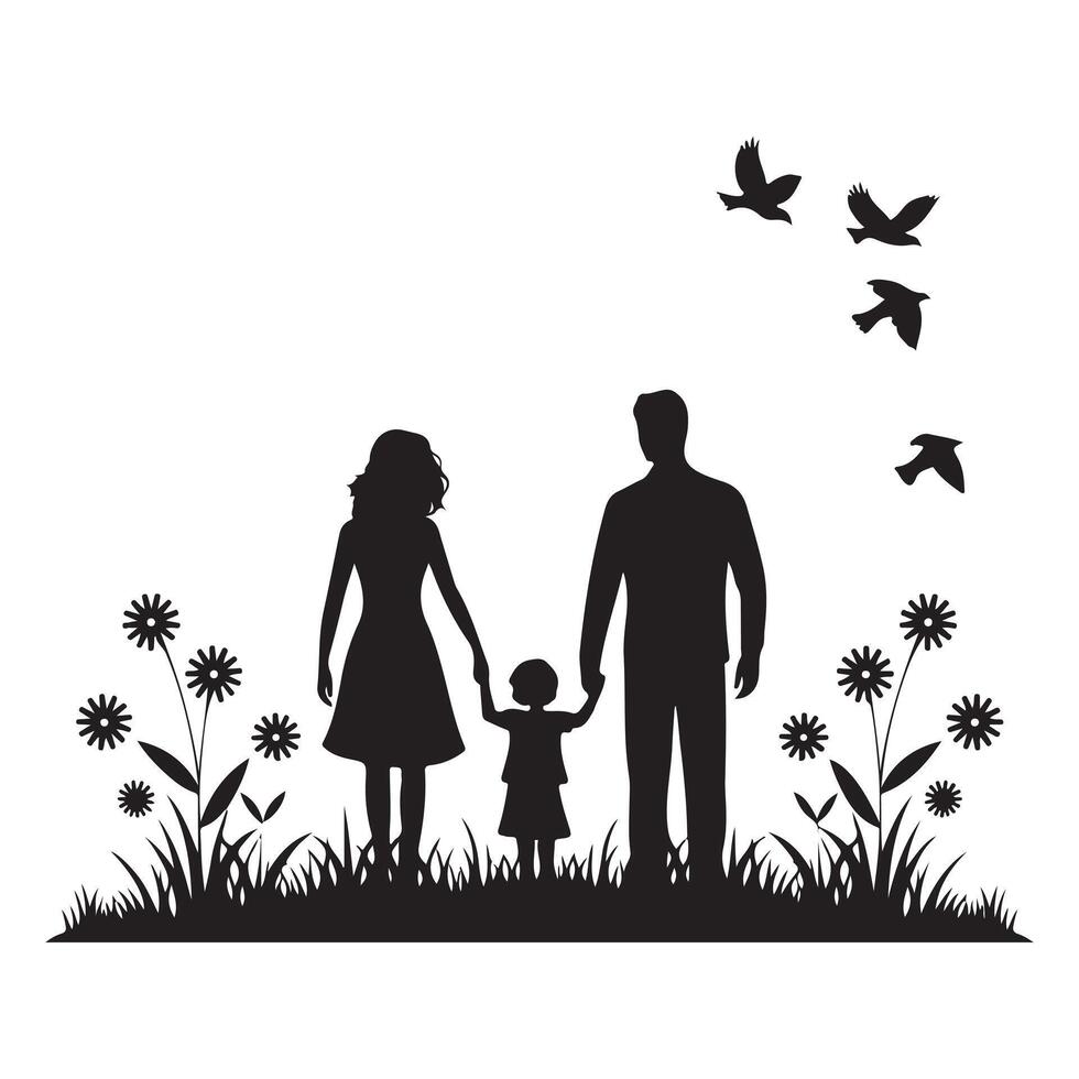 Serene Family Silhouette Art with Tree and Birds vector