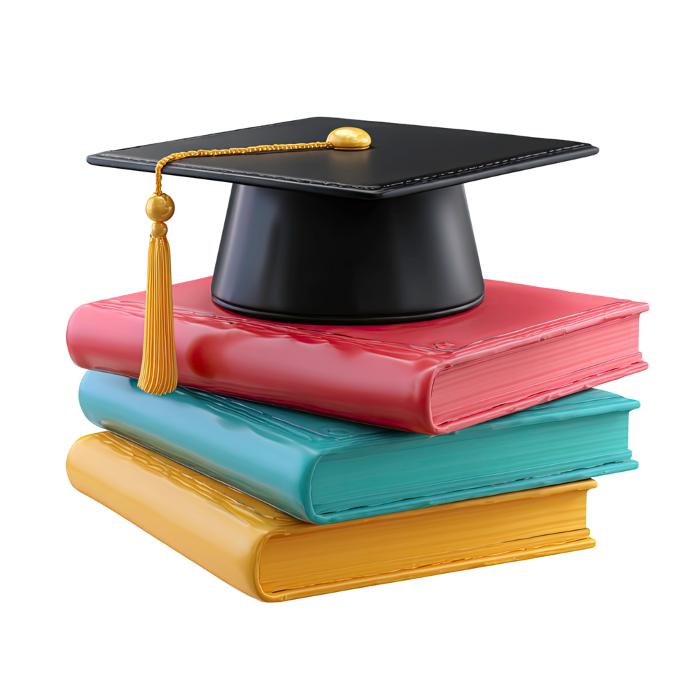 Graduation cap on stack of books education concept on transparent background png