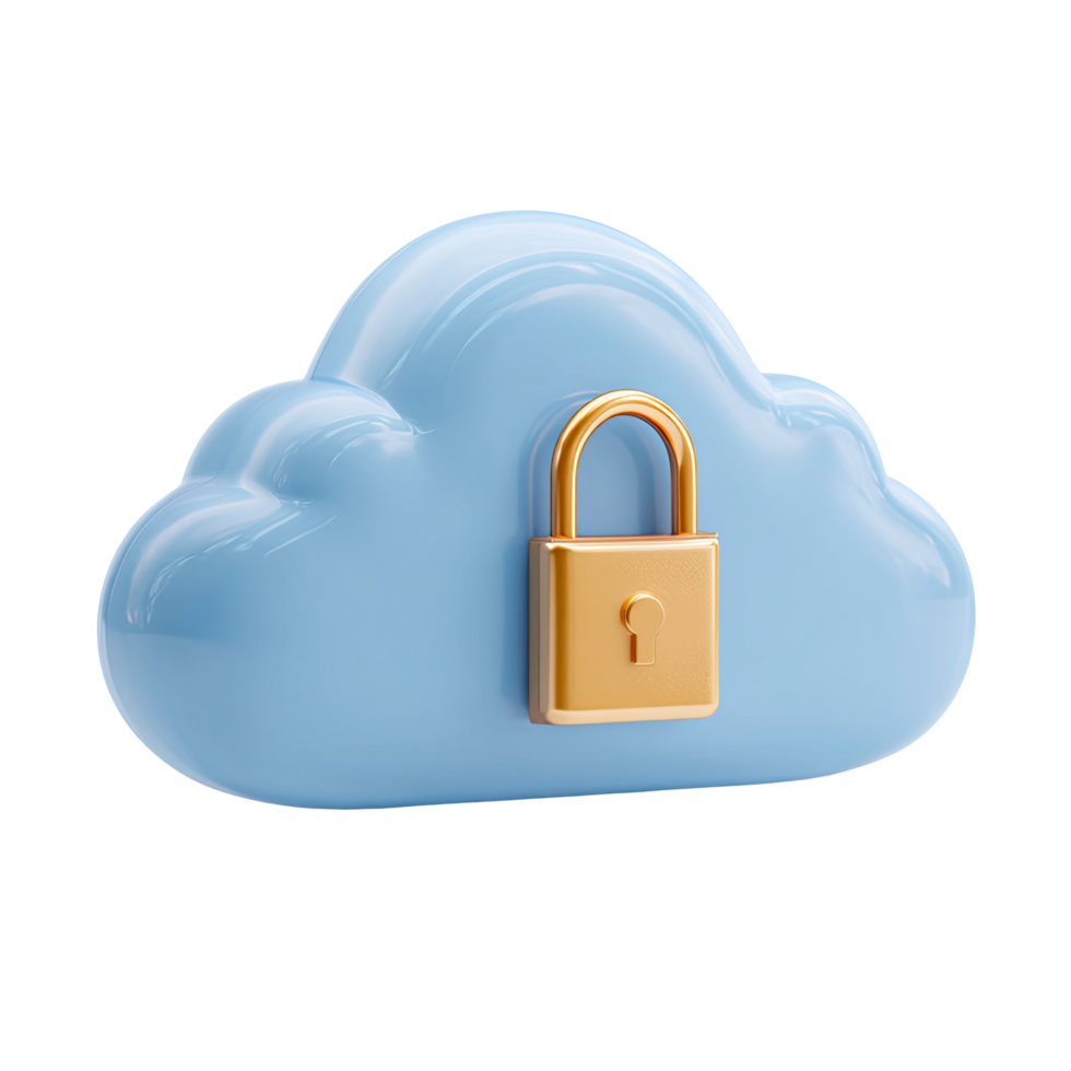 Secure cloud storage with golden padlock on blue cloud on transparent background png