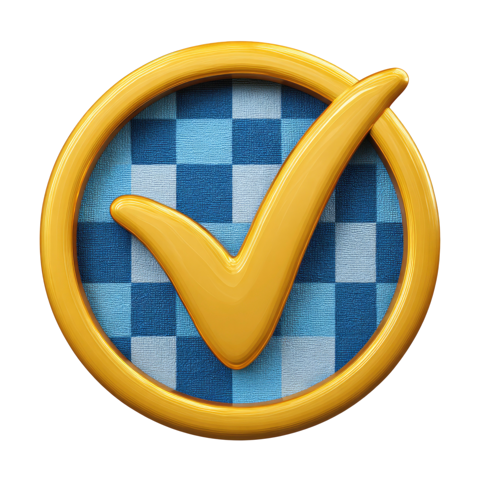 Golden check mark in a circle on a checkered background on transparent background png