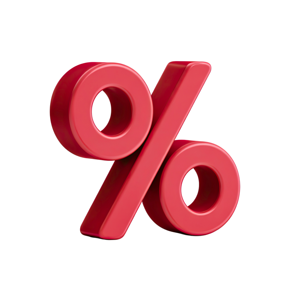 Red percentage sign 3D render isolated on transparent background bold png