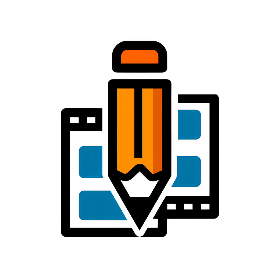 Website design icon featuring a pencil over a layout of blue blocks and black outlines png