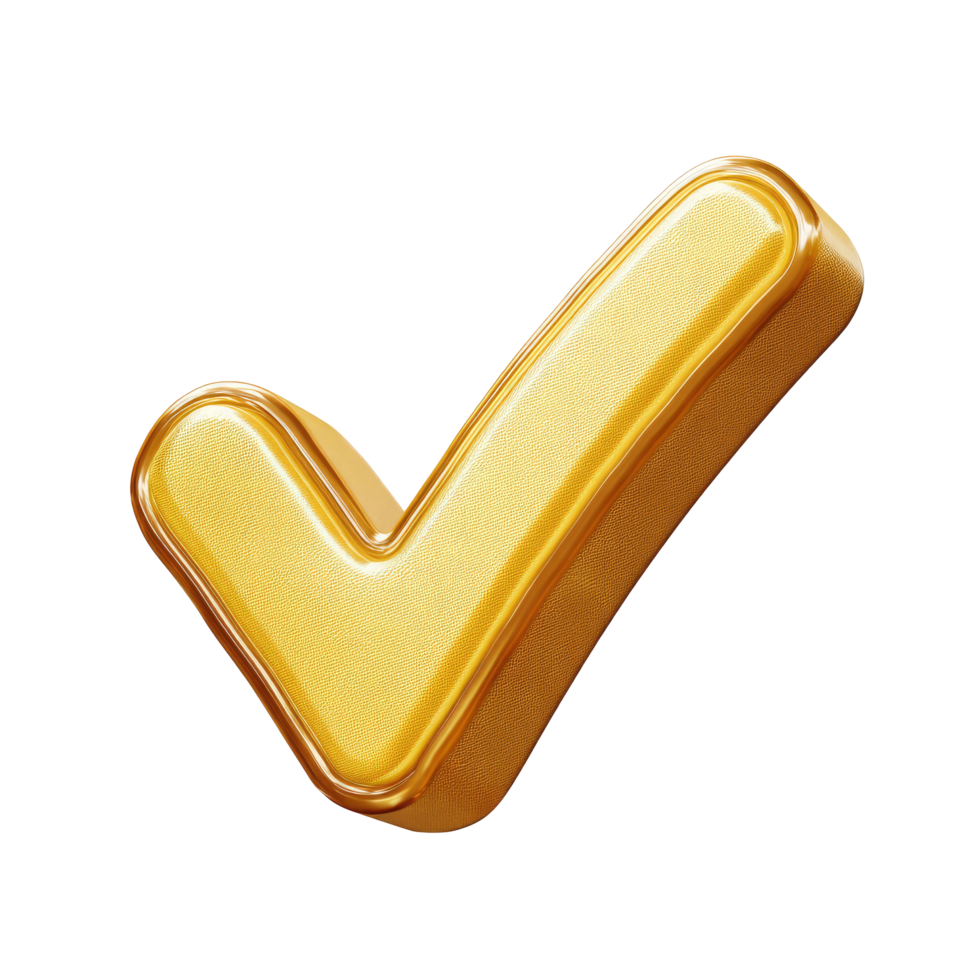 Golden check mark glossy and textured design on transparent background golden png
