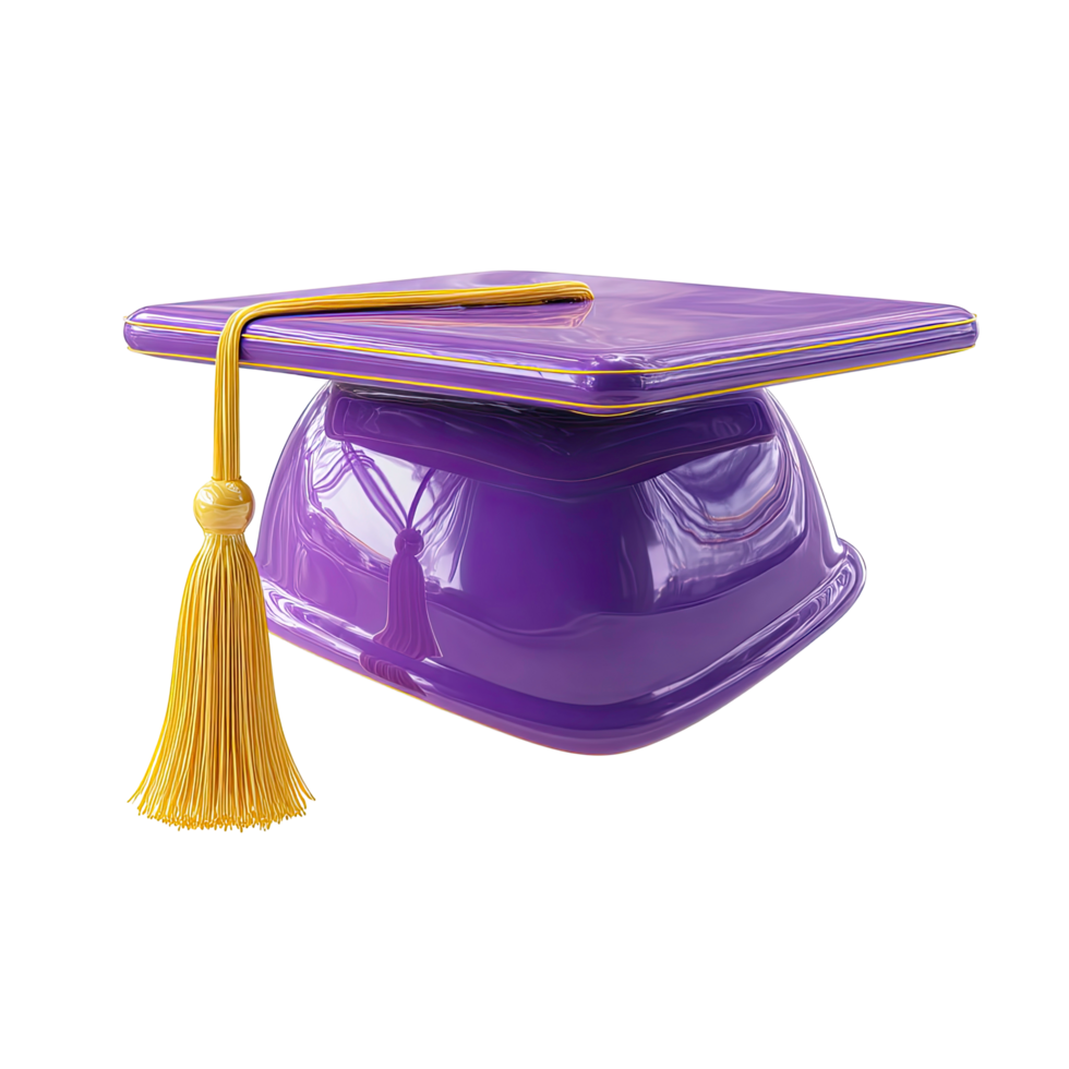 Purple Graduation Cap with Gold Tassel Render on Transparent Background glossy png