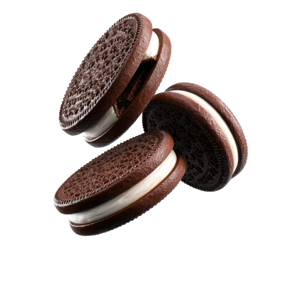 Three Chocolate Sandwich Cookies with Cream Filling Floating on Transparent Background png