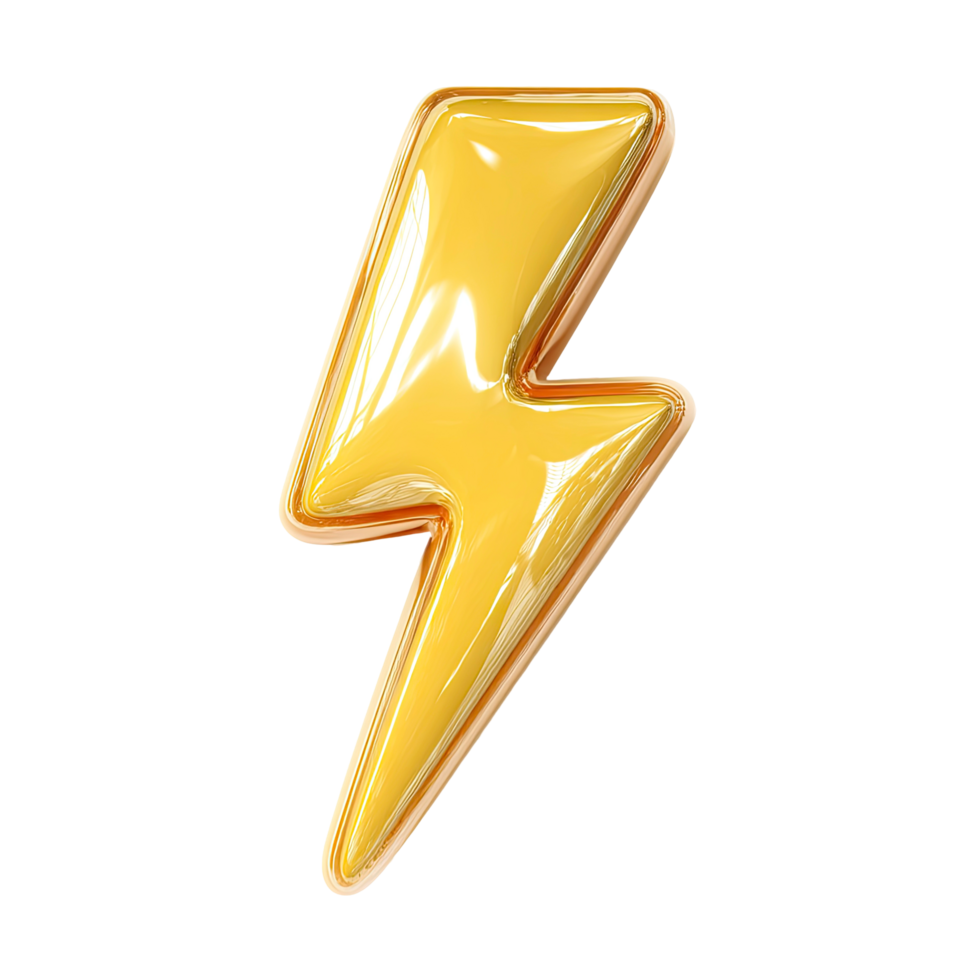 Shiny Yellow Lightning Bolt with Golden Outline on Transparent Background glossy png