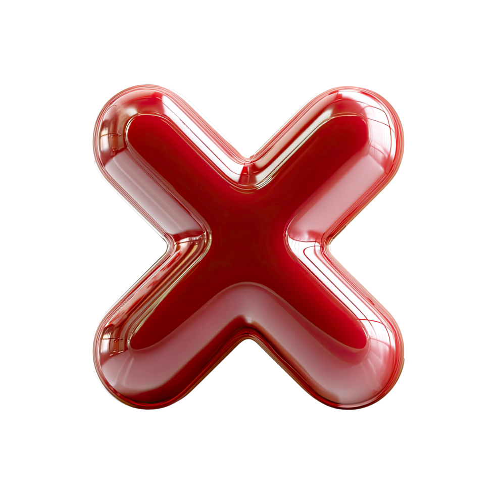 Glossy Red X Mark Symbol Render on Transparent Background glossy red png